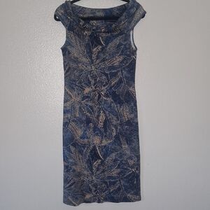 Lauren Ralph Knit Dress Off-Shoulder Cowl Neck Tropical Indigo Floral Size M